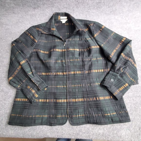 CJ Banks Jacket Womens Size XL Full Zip Gray Plaid Button Stretch Crinkle Long - Picture 9 of 9